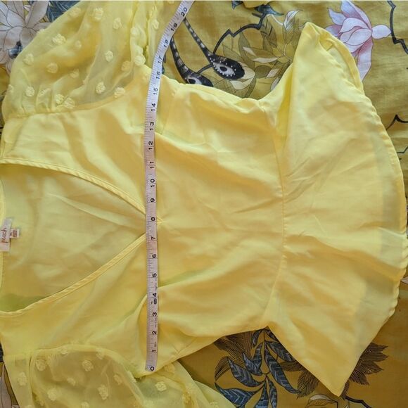 peach yellow v neck sheer puff long sleeve blouse sz s euc - Picture 3 of 5
